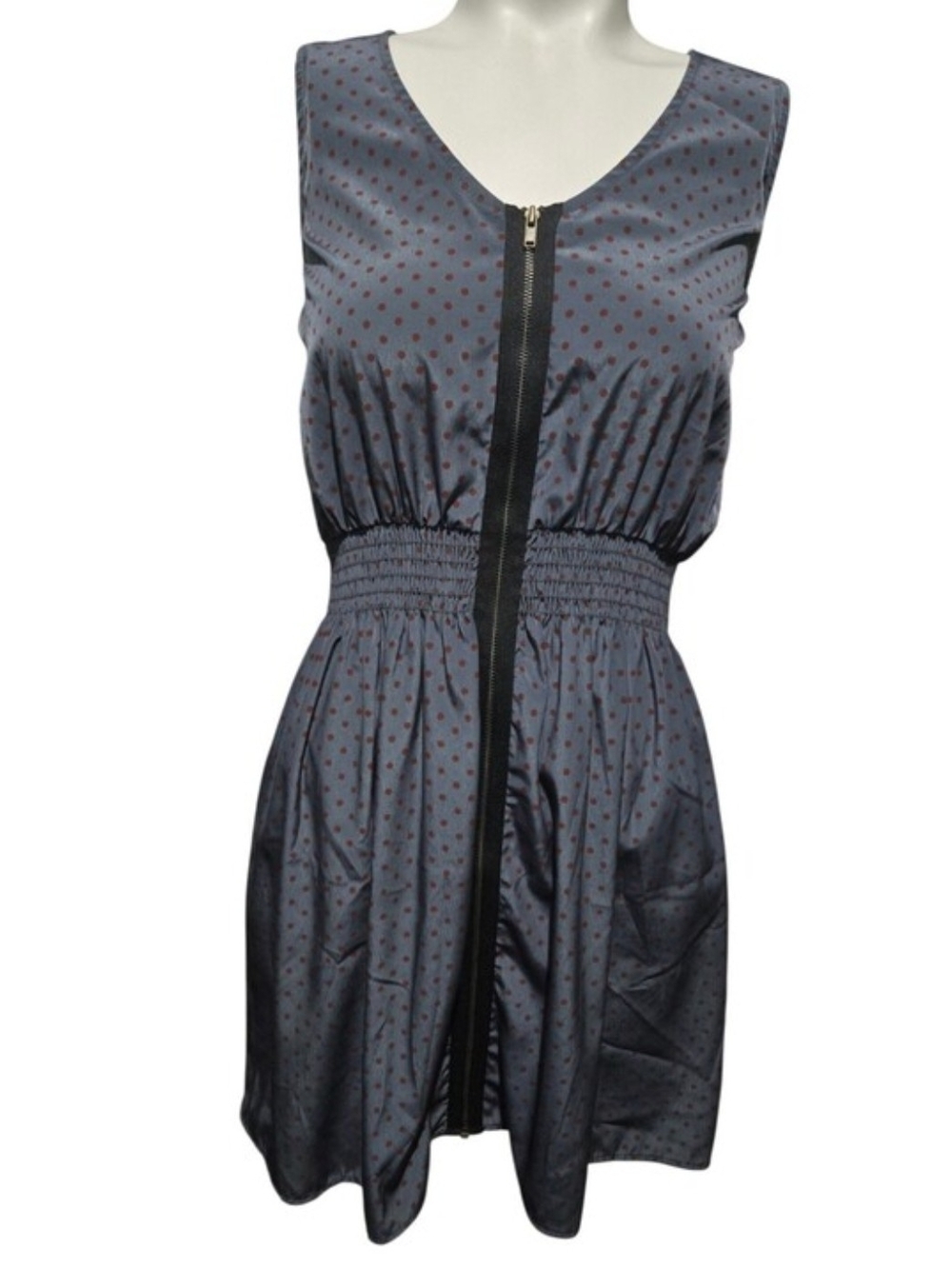Everly Slate Blue Burgundy Polka Dot Zip Front Fit & Flare Dress